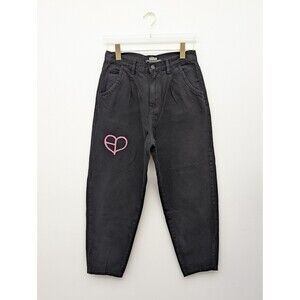 Black Jeans Pink Heart size 6 short wide barrel leg Upcycled painted kpop style